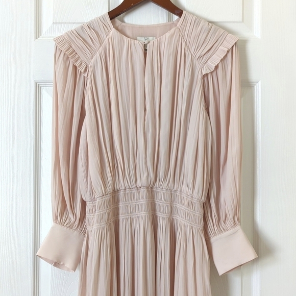Joie Rheia Silky Pleated Long Balloon Sleeve Blouson A-Line Midi Dress Cream S - Picture 2 of 15